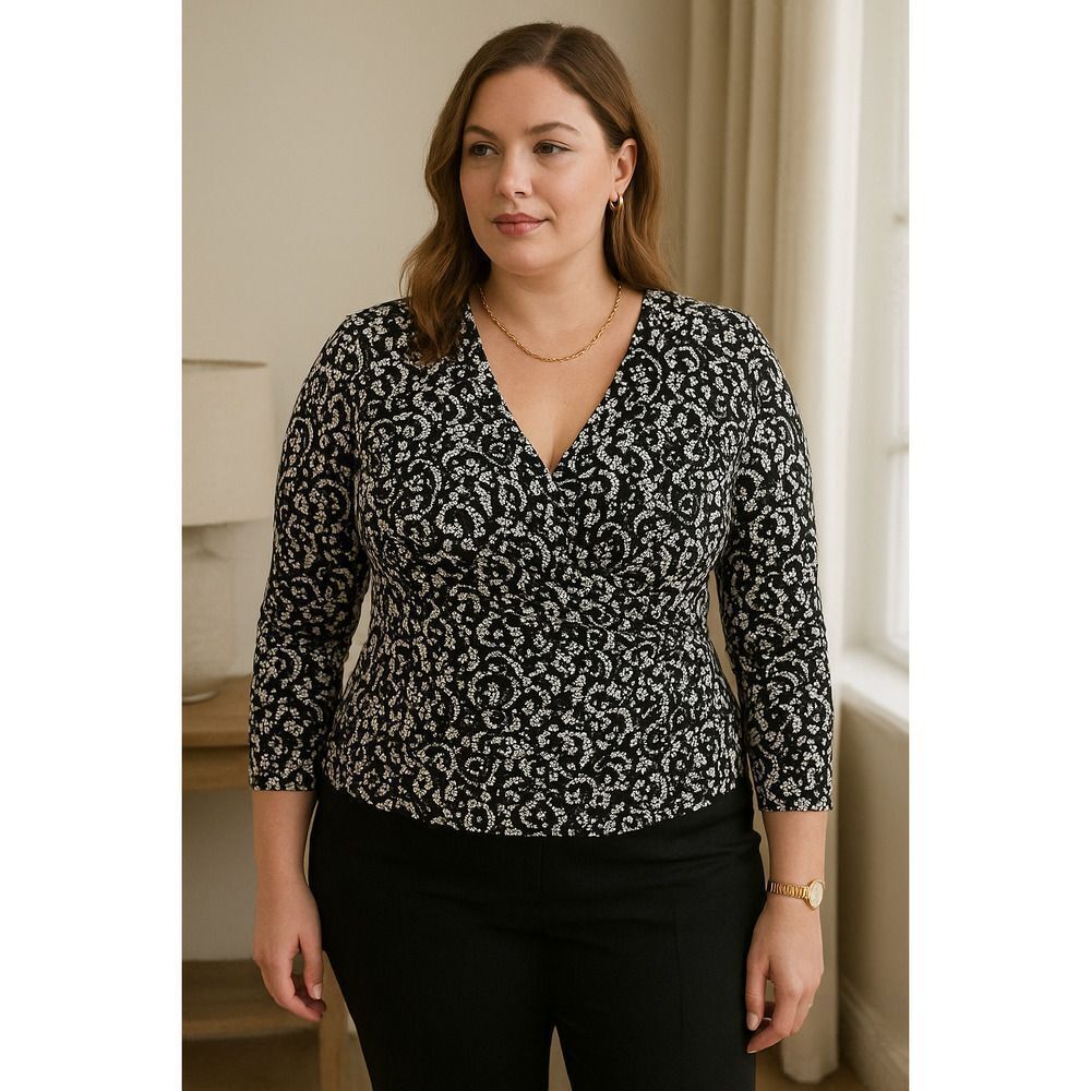 Michael Kors Black/White Floral Print Long Sleeve Top XL Stretch Knit Preppy